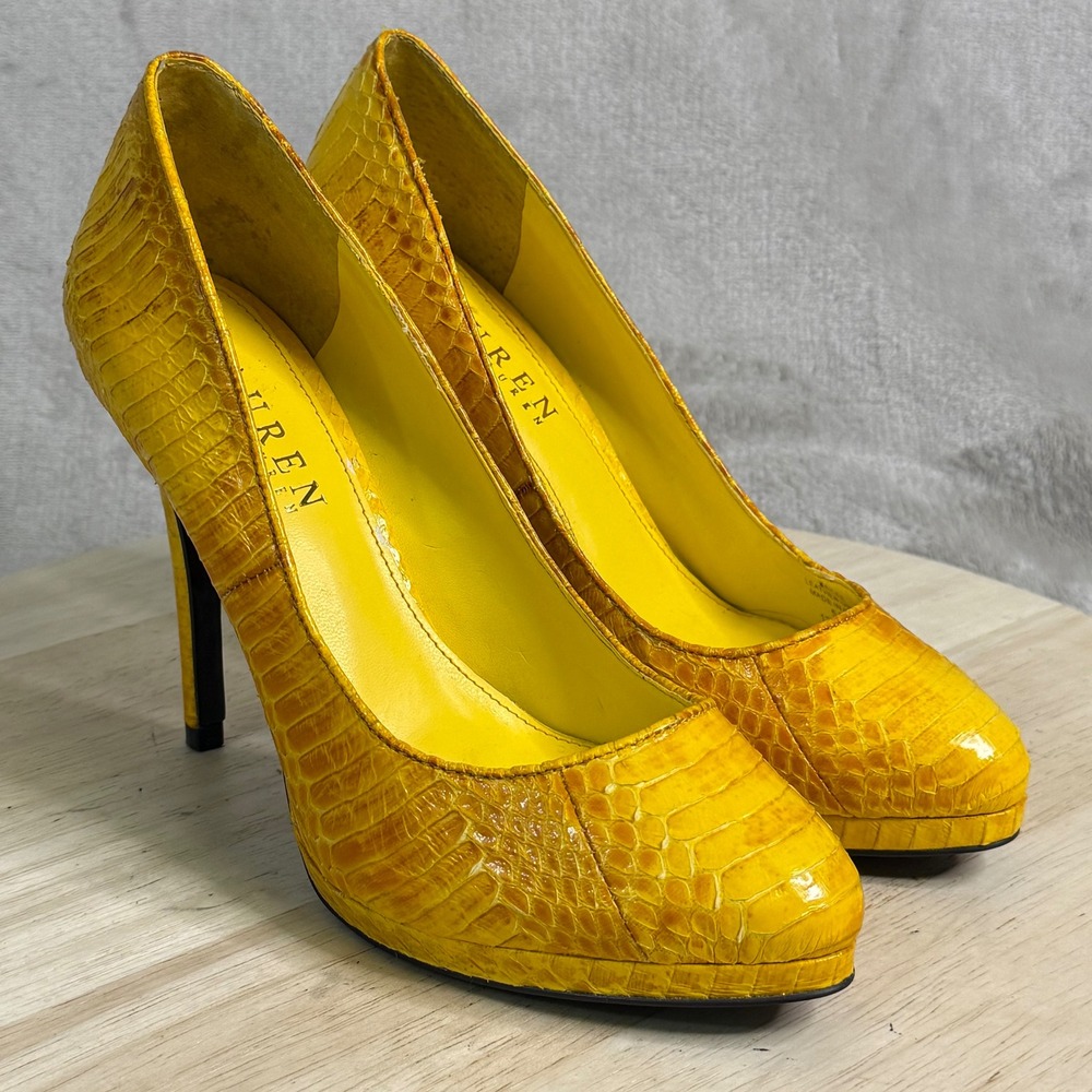 Lauren Ralph Lauren Kailee Yellow Snakeskin Embossed Leather Platform Pumps 5.5B - Picture 6 of 16